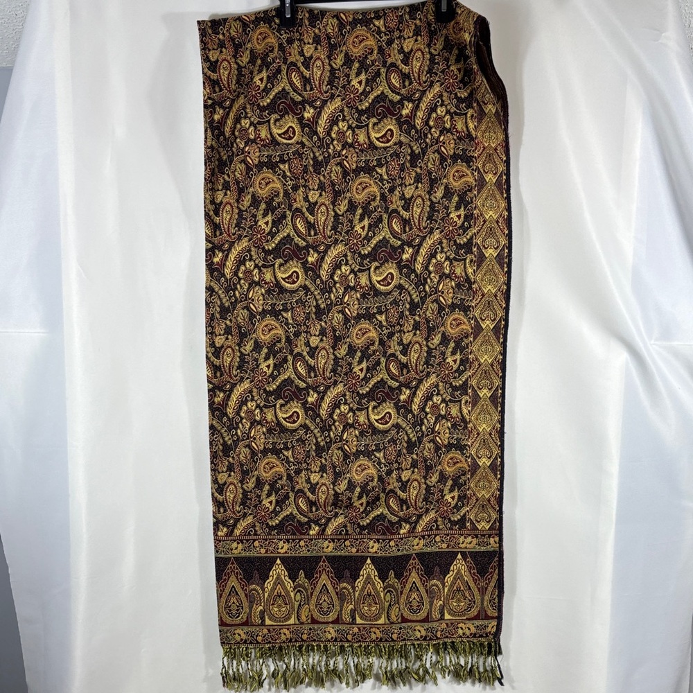 pashmina Navy, Gold and Burgundy Paisley Fringed Wrap 88 in x 44 in